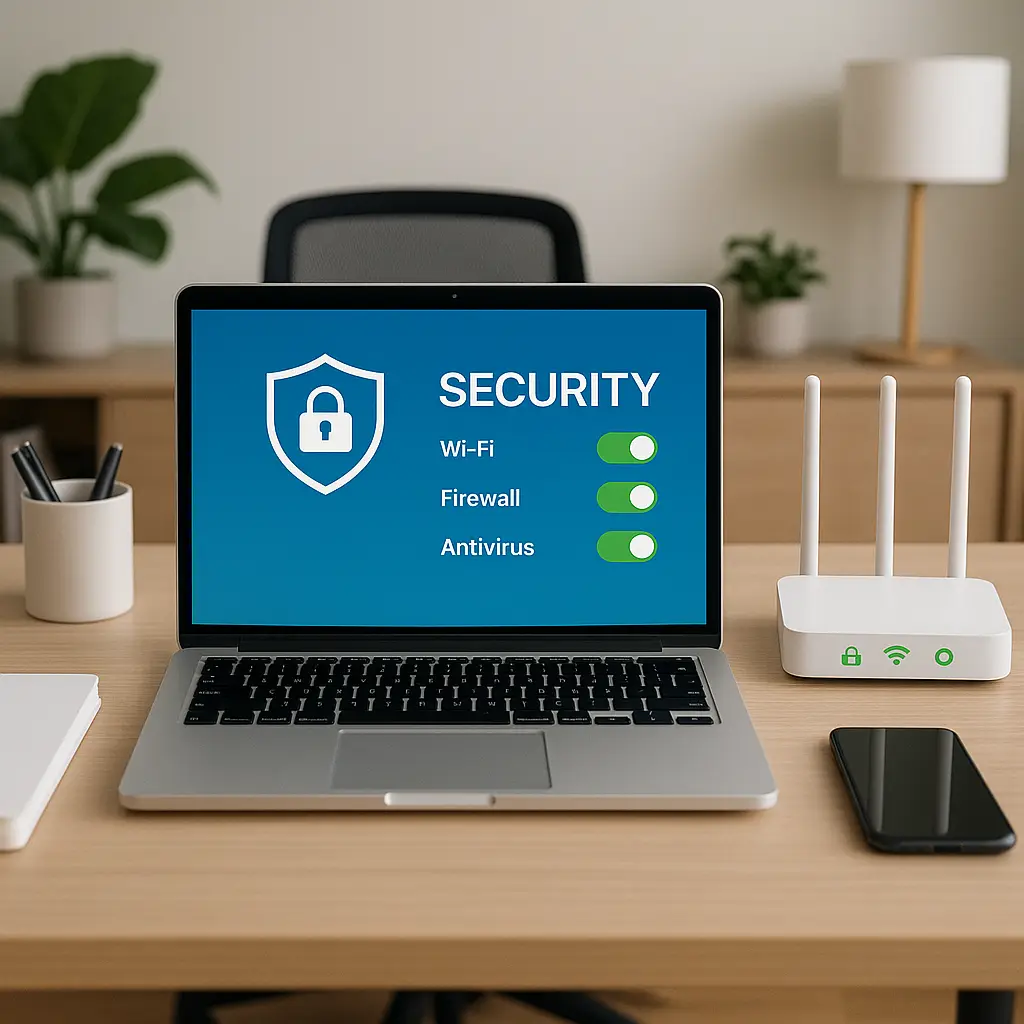 A clean home office desk with laptop, router, and security checklist visible on screen