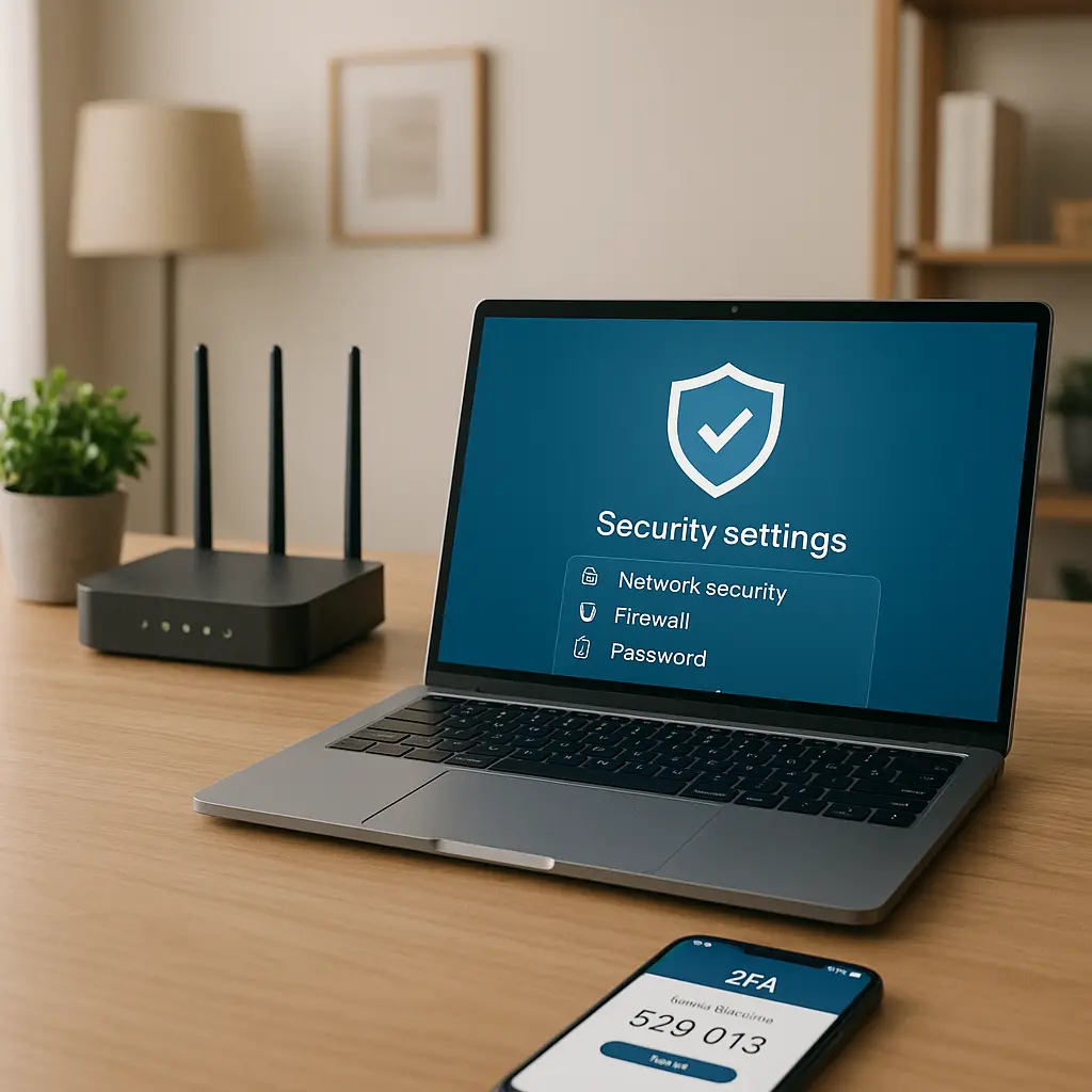 A protected home office workspace with encrypted laptop and secured network