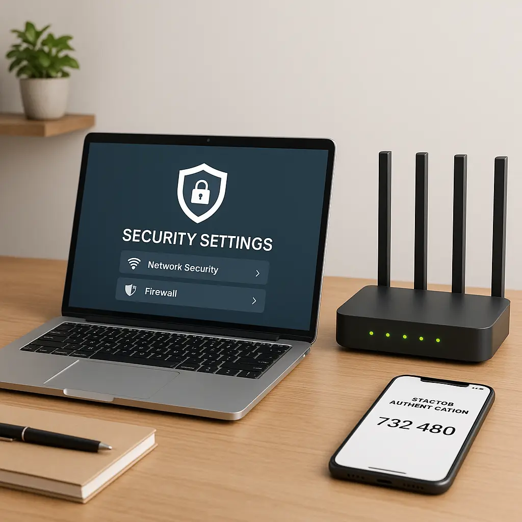 A home office desk with laptop, router, and security checklist visible on screen