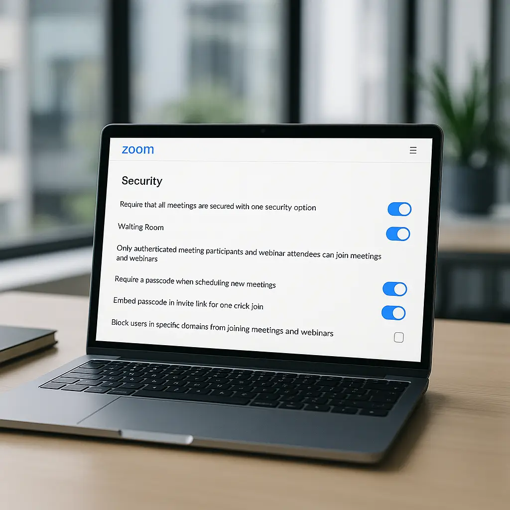 Laptop screen showing Zoom security settings panel with waiting room and password options highlighted