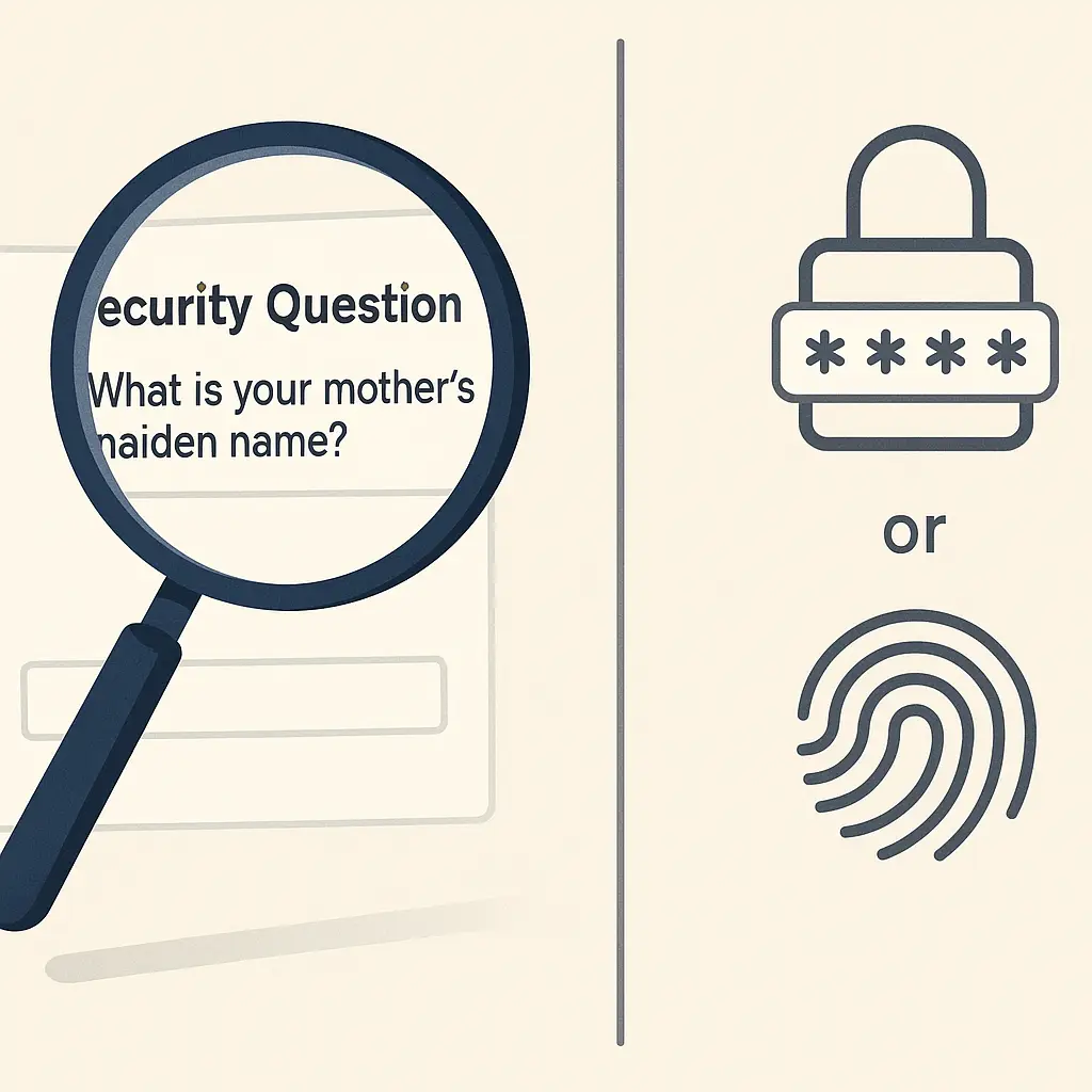 A split screen showing a weak security question on one side and a strong password manager interface on the other