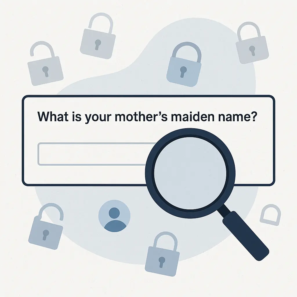 A form field asking 'What is your mother's maiden name?' with a magnifying glass hovering over it, symbolizing how easily this information can be researched