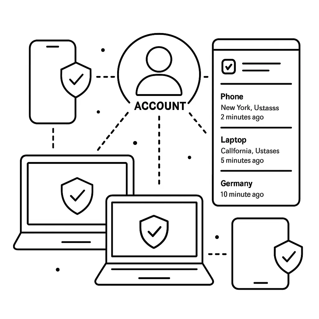 Multiple device icons connected to a central account symbol with security checkmarks