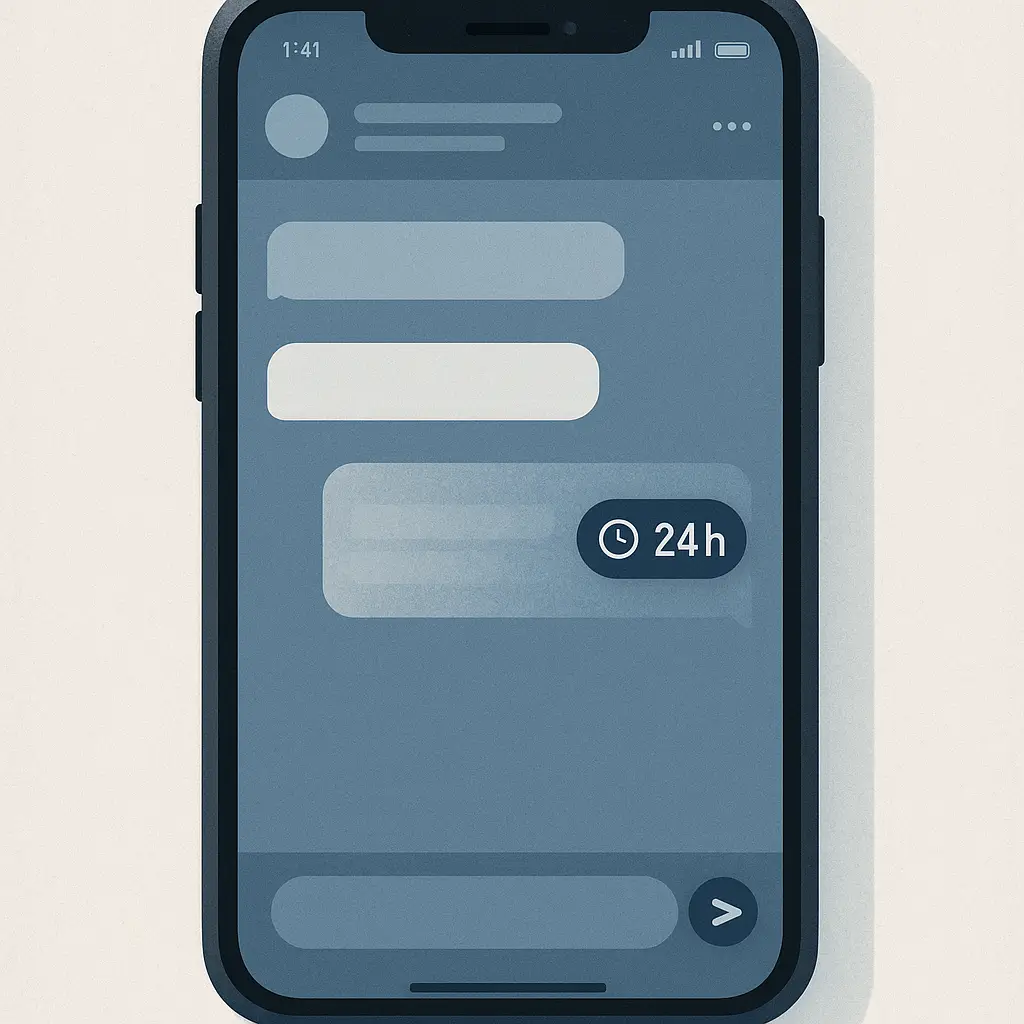A smartphone screen showing a message with a countdown timer, fading into transparency