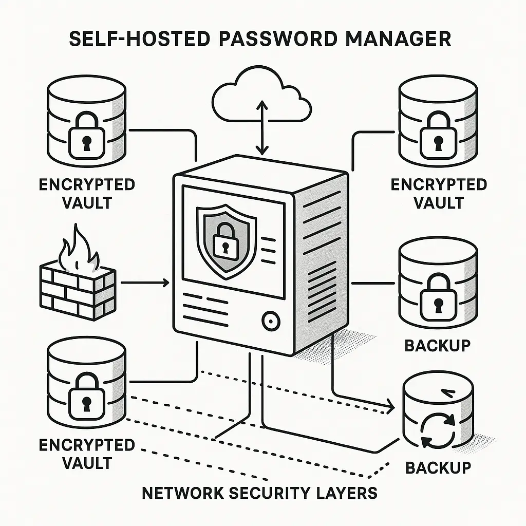 Decision flowchart comparing self-hosted and cloud Bitwarden deployments based on technical requirements
