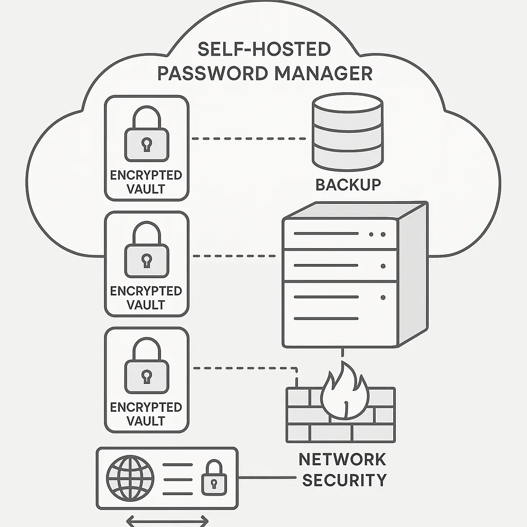 Server rack with encrypted vault containers, representing self-hosted password management infrastructure