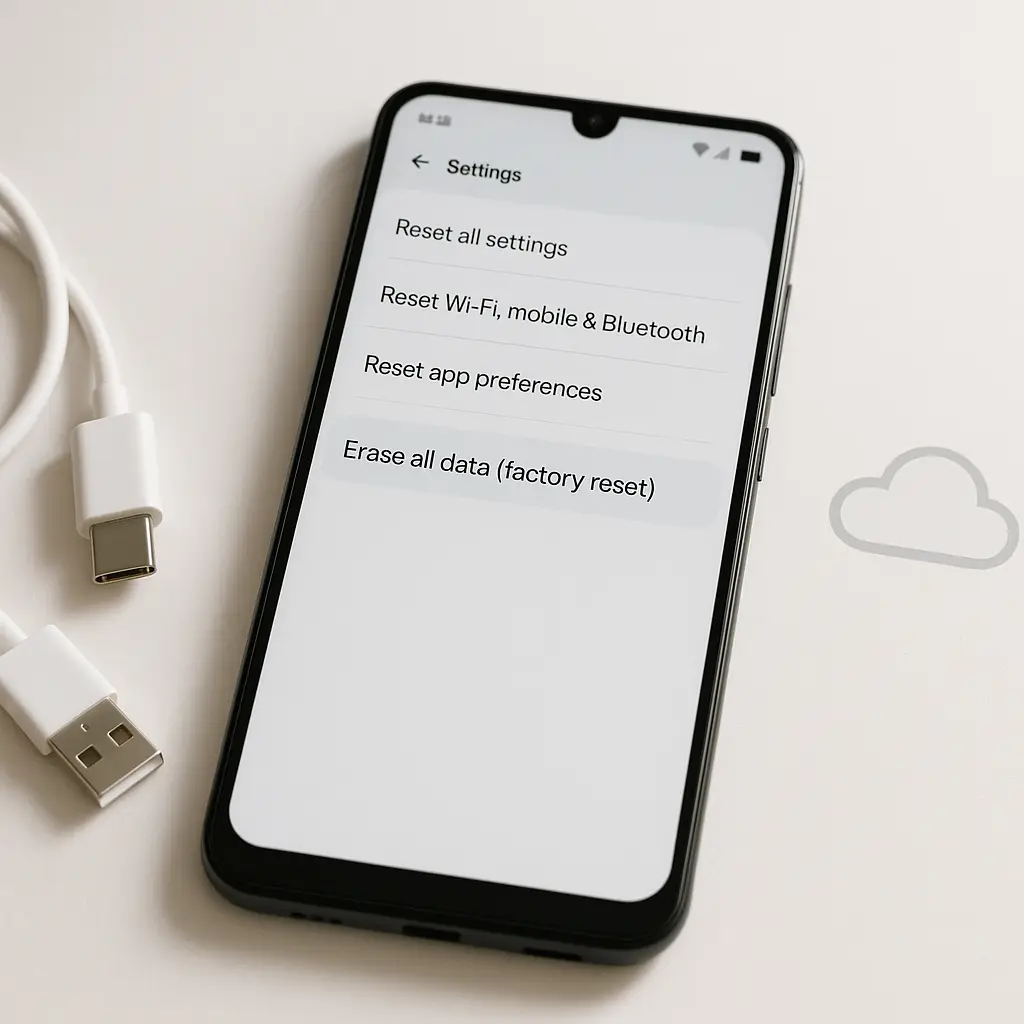Smartphone lying face-up on a clean surface with settings screen visible, showing factory reset option, surrounded by backup cables and cloud storage icons