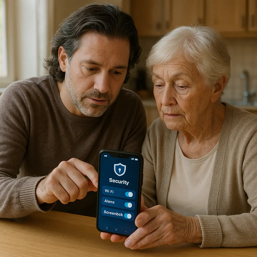 Elderly person confidently using smartphone with family photos visible on screen