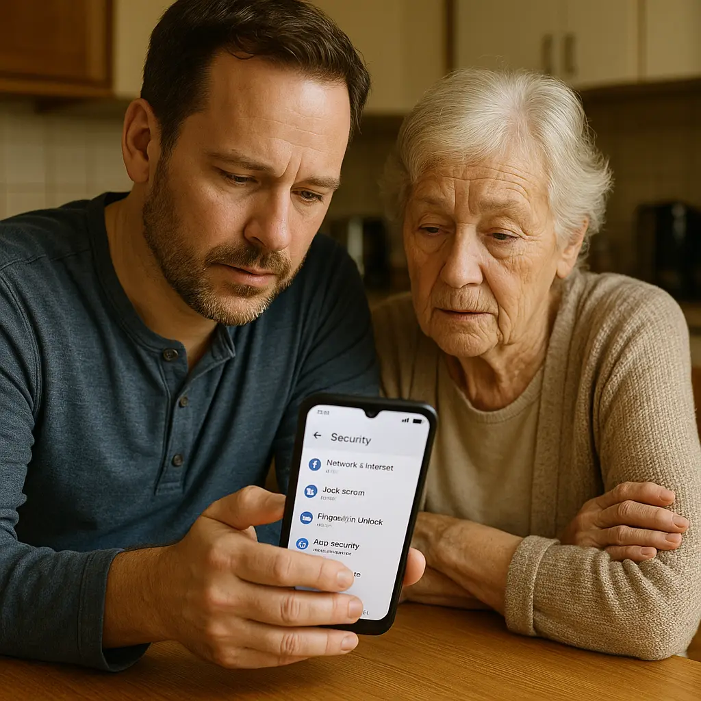 Adult child helping elderly parent set up smartphone with security settings visible on screen