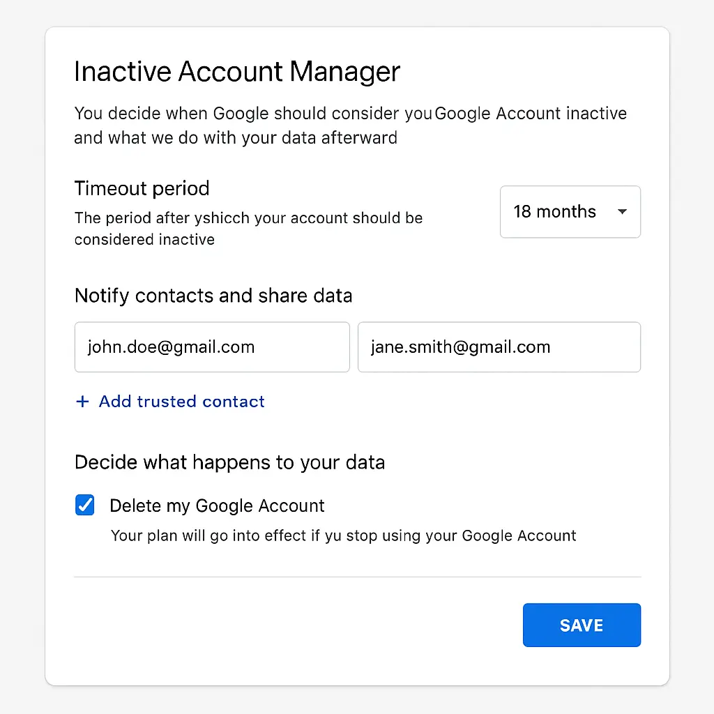 Confirmation screen showing Inactive Account Manager successfully configured with three-month timeout and two trusted contacts