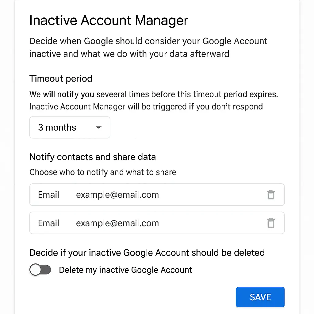 Google account settings screen showing Inactive Account Manager configuration options with trusted contacts and data deletion settings