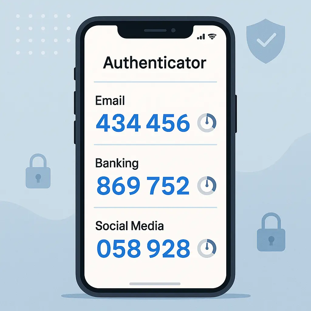 Smartphone screen showing authenticator app generating six-digit codes for multiple accounts