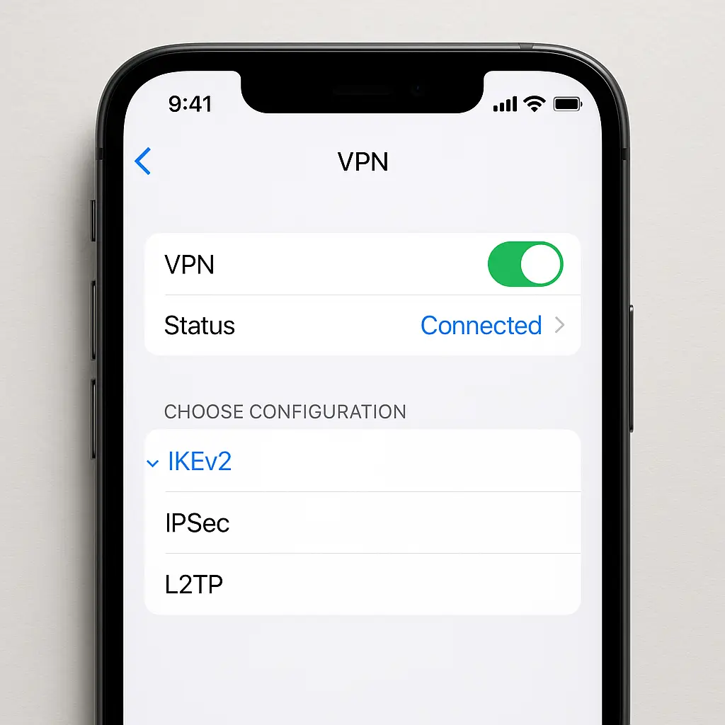 iPhone screen showing VPN configuration settings with toggle switches and connection status