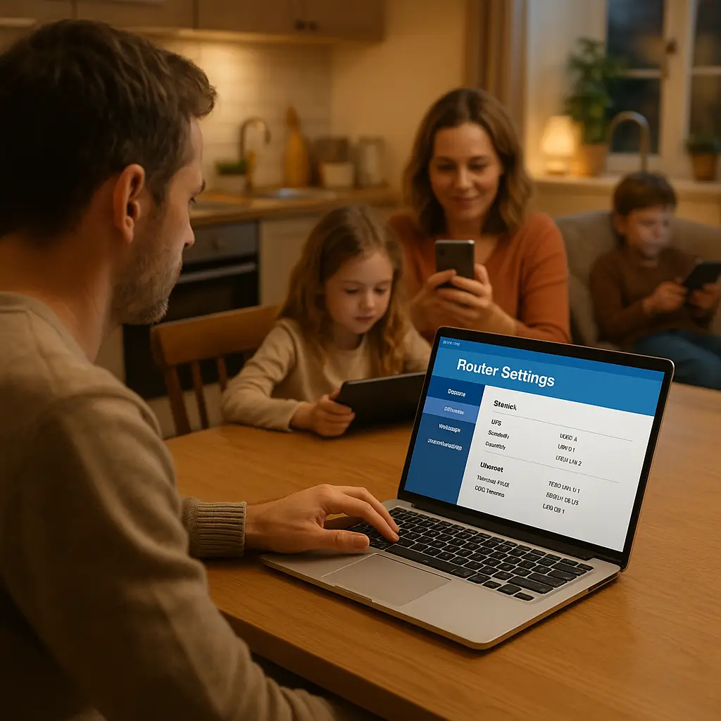 Parent configuring router settings on laptop with family in background