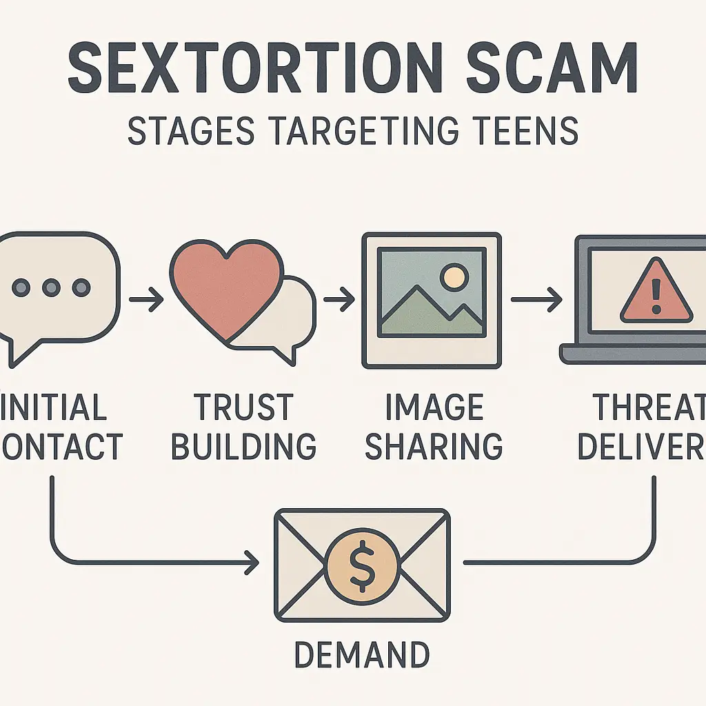 Diagram showing the progression of a sextortion scam from initial contact through threat and demand