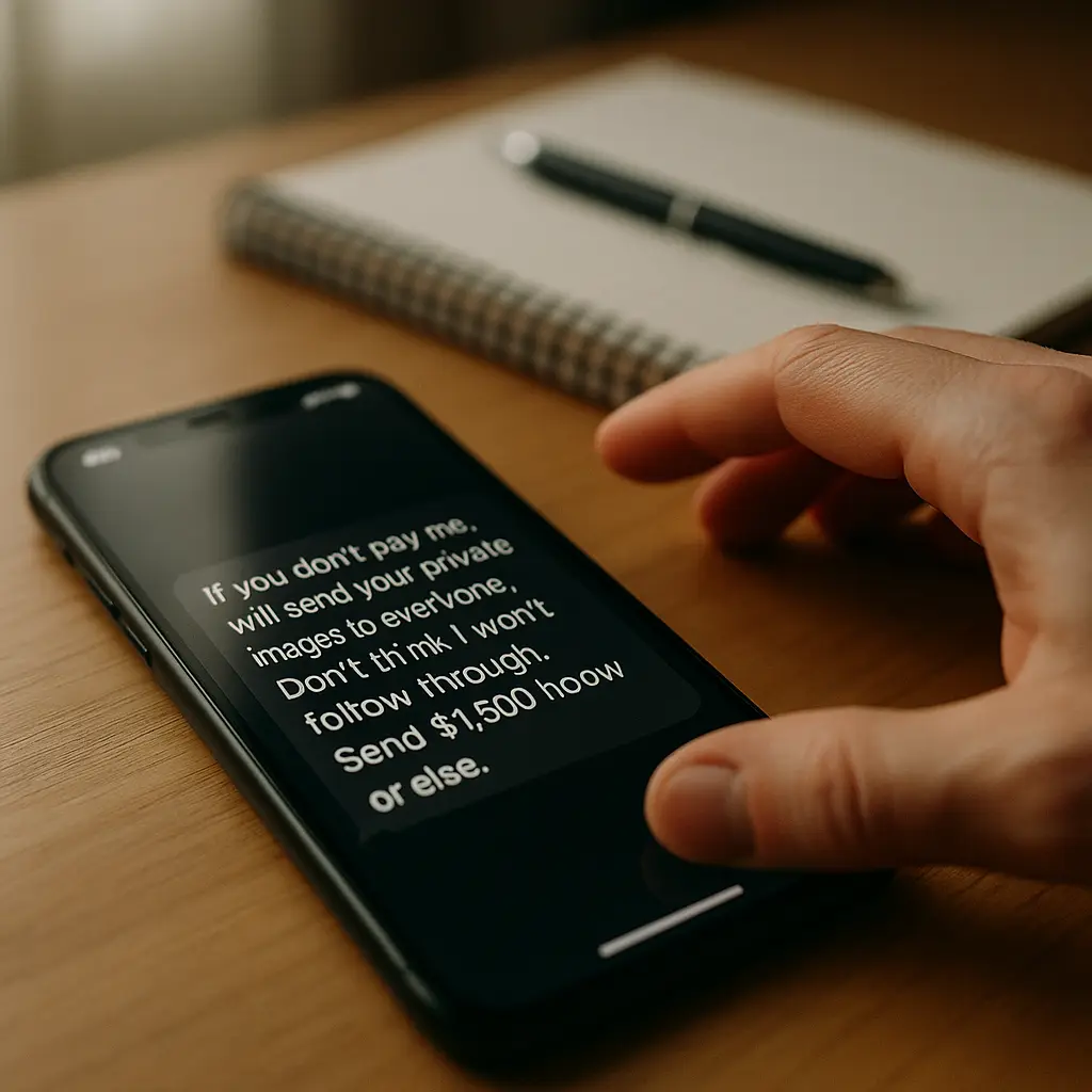 A smartphone displaying a threatening message demanding payment, with a calm hand reaching to power it off