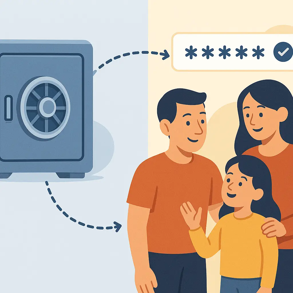 Multiple devices (phones, tablets, laptops) displaying a synchronized password manager interface with family members' avatars