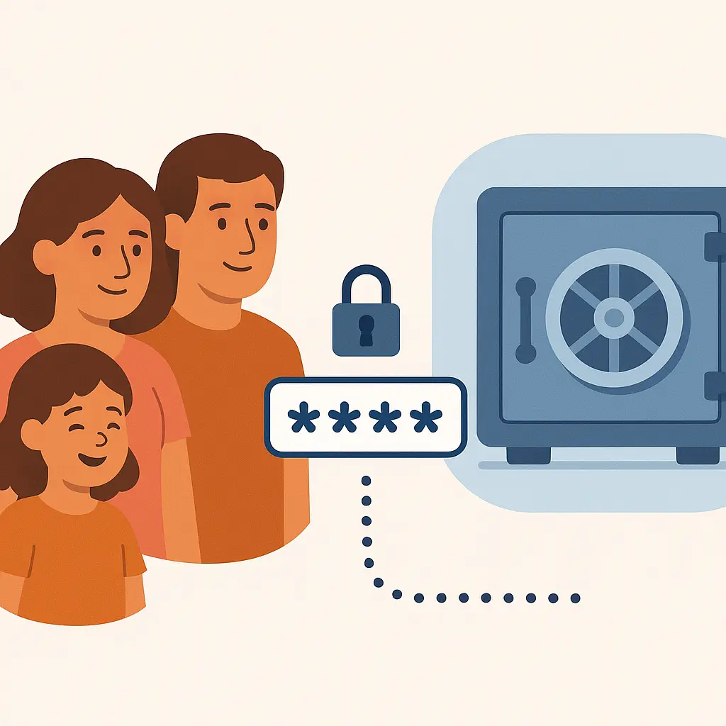 Split-screen illustration showing a family on one side and an encrypted vault icon on the other, connected by a secure bridge