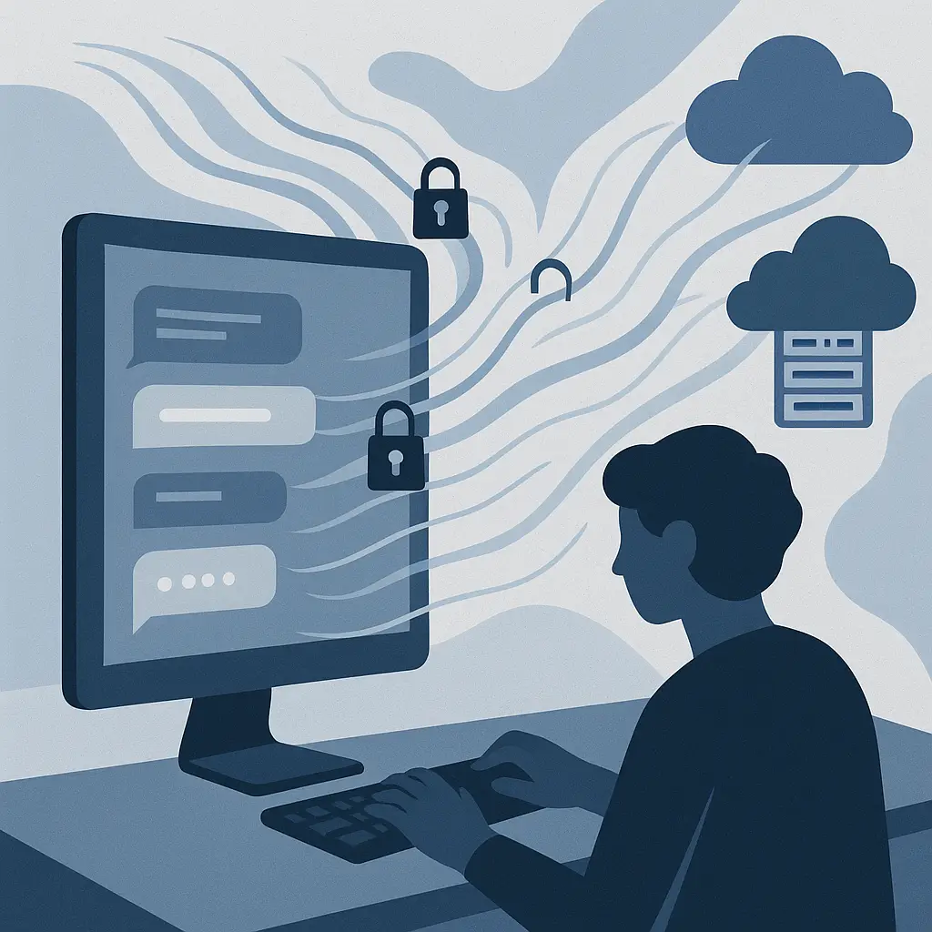 Abstract illustration of a person typing into a chat interface with translucent data streams flowing away from the screen