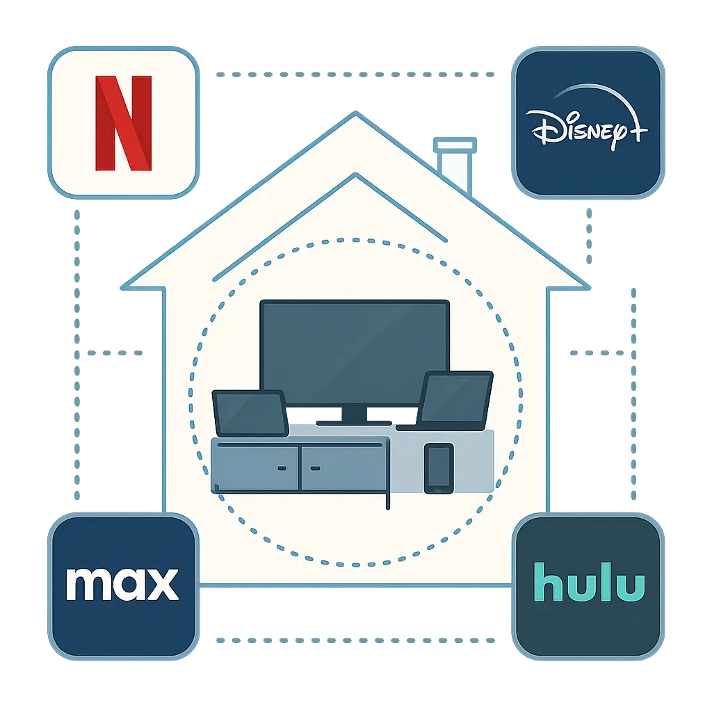 Family members watching different shows on separate devices in the same living room