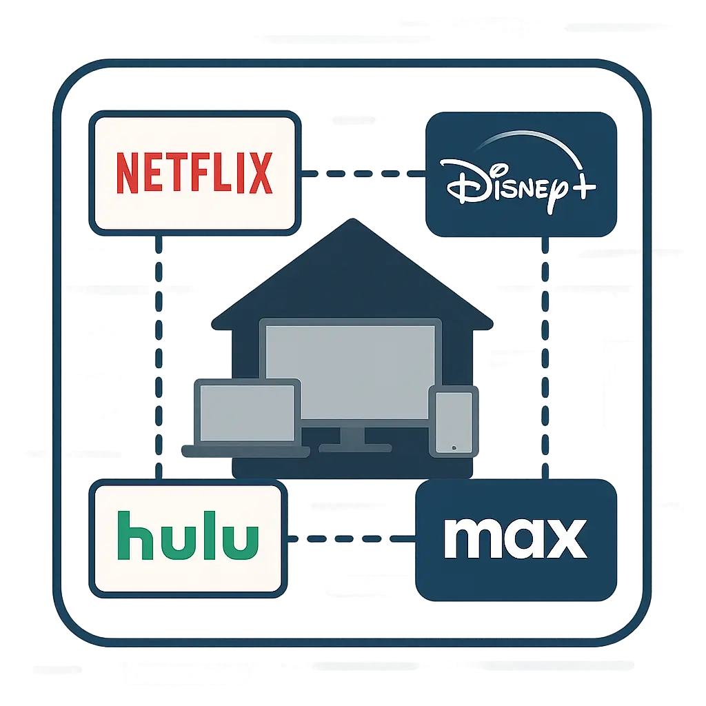 Multiple devices displaying different streaming service login screens, arranged on a shared coffee table