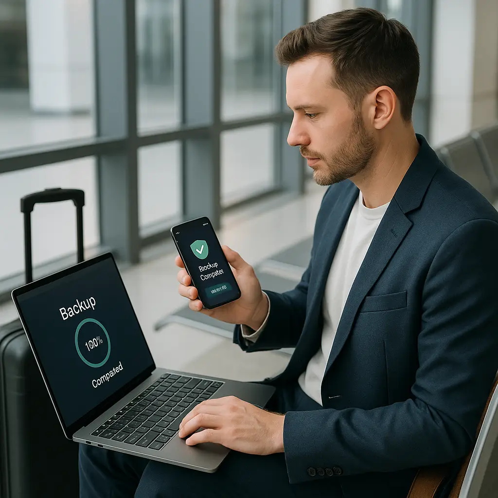 Traveler reviewing backed-up devices with checkmarks indicating successful data protection