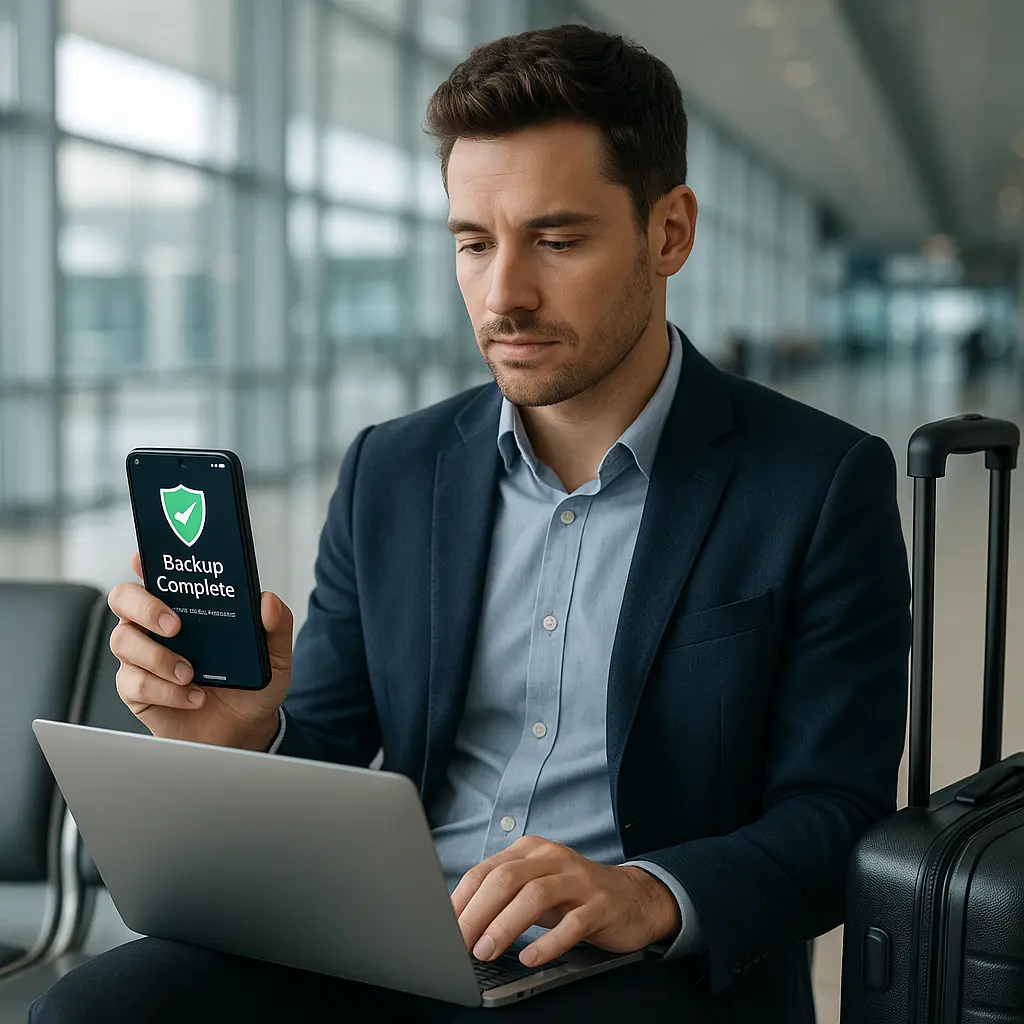 Laptop and smartphone with cloud backup icons on airport departure board background