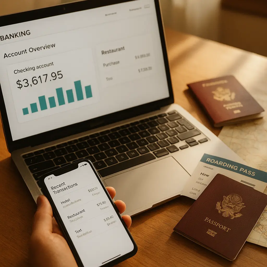 Phone displaying account activity notifications, passport and boarding pass on desk, person's hand holding stylus
