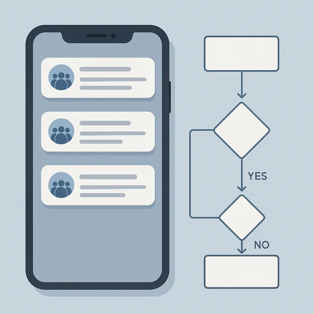 Phone screen showing multiple group chat notifications with decision flowchart overlay