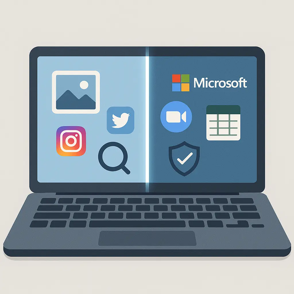 A laptop split down the middle, one half showing personal photos and social media, the other half showing corporate documents and security warnings