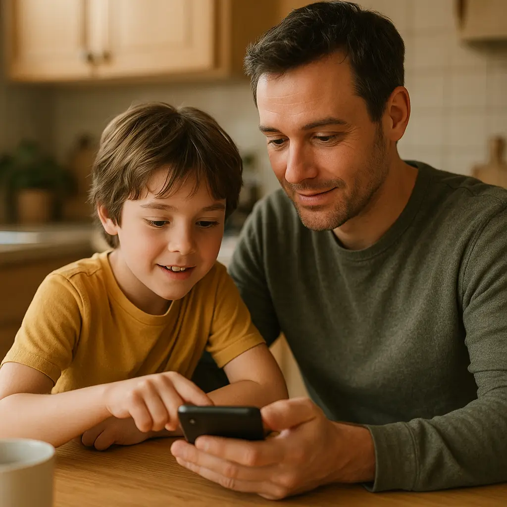 Parent and child reviewing phone settings together at kitchen table