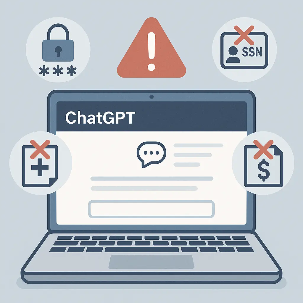 A laptop screen displaying ChatGPT with a warning overlay showing sensitive data types crossed out