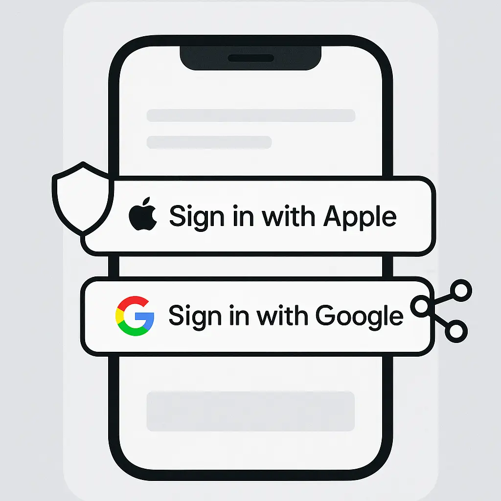 Side-by-side comparison of Apple and Google sign-in buttons on a phone screen