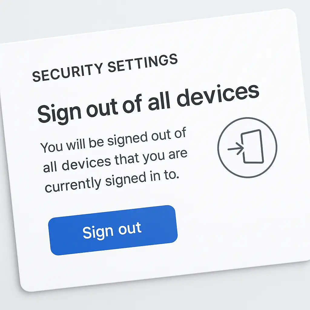 Security dashboard showing active sessions list with device names, locations, and last active timestamps