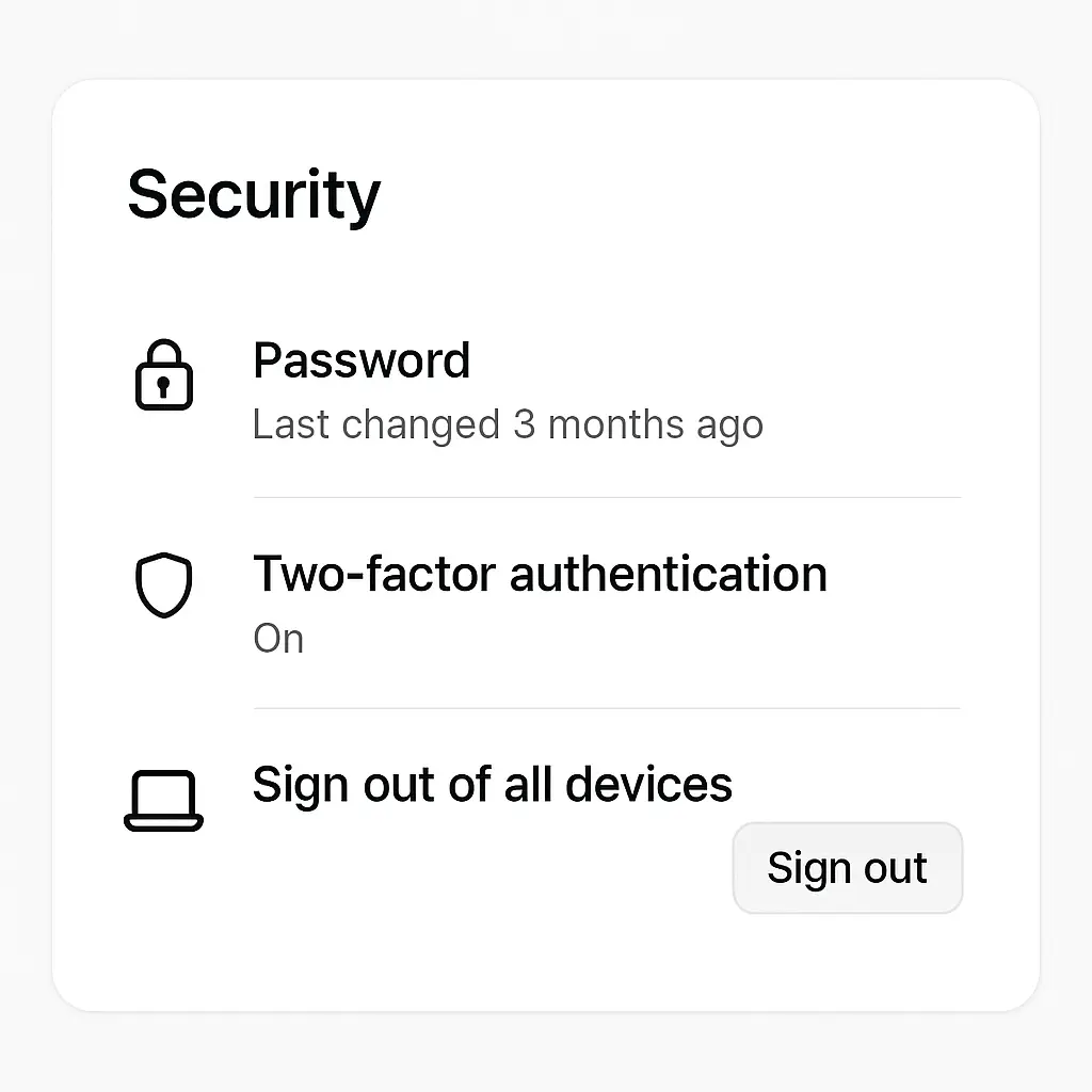 Close-up of a laptop screen showing a security settings page with a red 'Sign out of all devices' button highlighted