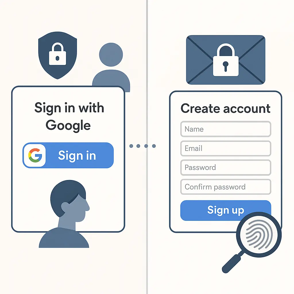 Split screen showing Google sign-in button on left and traditional email/password form on right