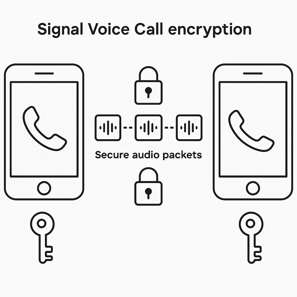 Diagram showing encrypted voice packets flowing between two phones with padlock symbols