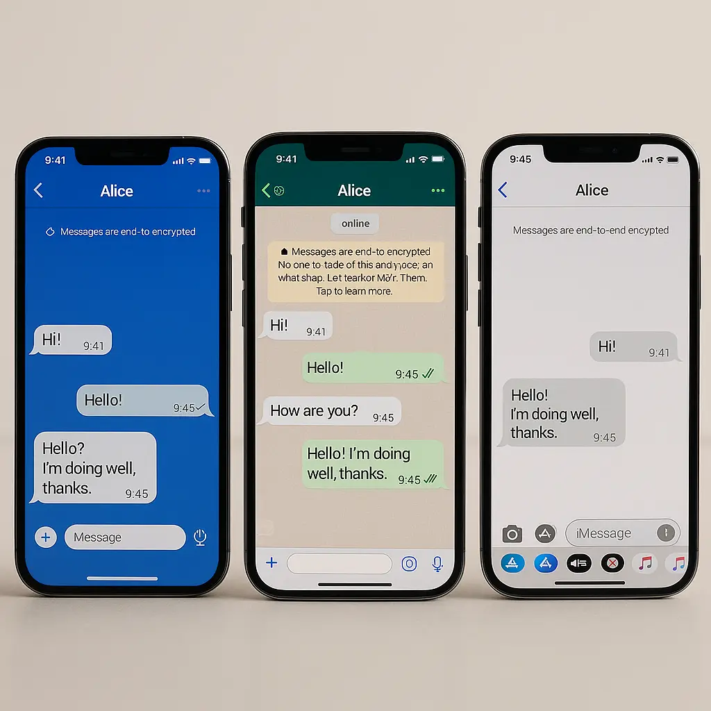Three smartphone screens showing Signal, WhatsApp, and iMessage interfaces side by side