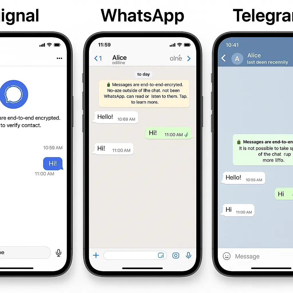 Three smartphone screens displaying Signal, WhatsApp, and Telegram apps side by side