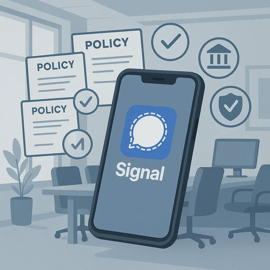 Split screen showing Signal conversation on personal phone and approved work messaging app on company device
