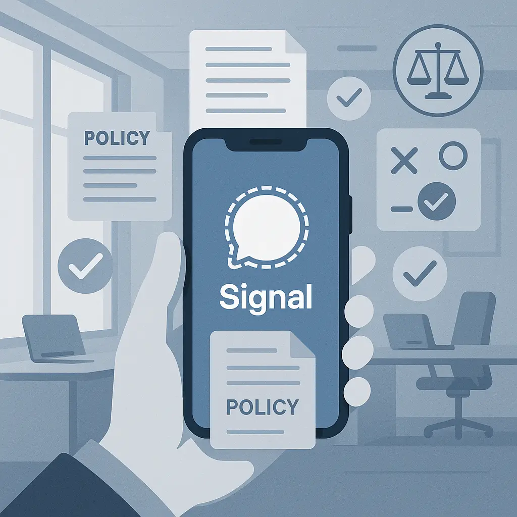 Office worker looking at phone with Signal app icon, surrounded by floating policy documents and compliance symbols