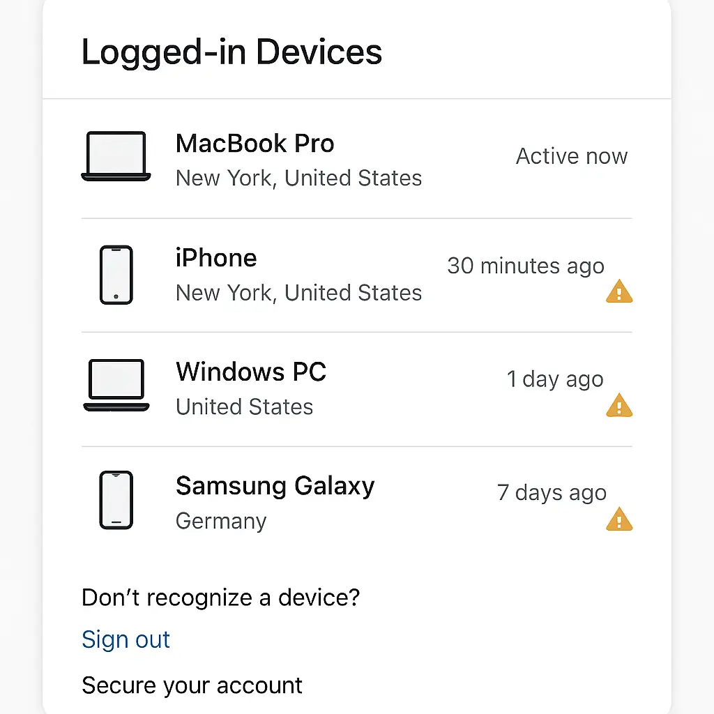 A laptop screen showing a list of active device sessions with several highlighted for removal