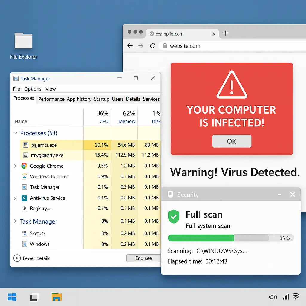 Computer screen showing Task Manager with suspicious processes highlighted alongside browser windows with unexpected pop-ups