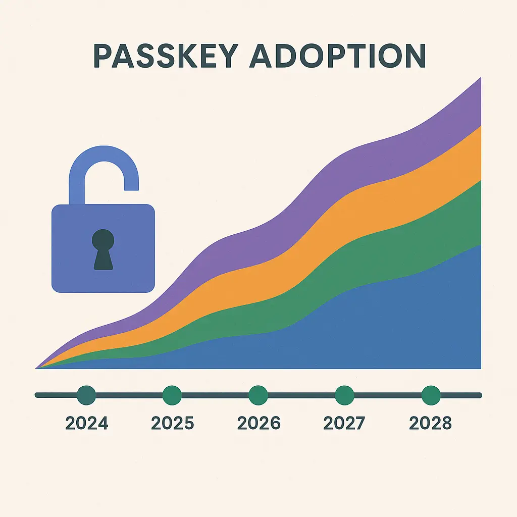 Abstract illustration showing a passkey icon blocked by organizational barriers including legacy systems, compliance requirements, and integration complexity
