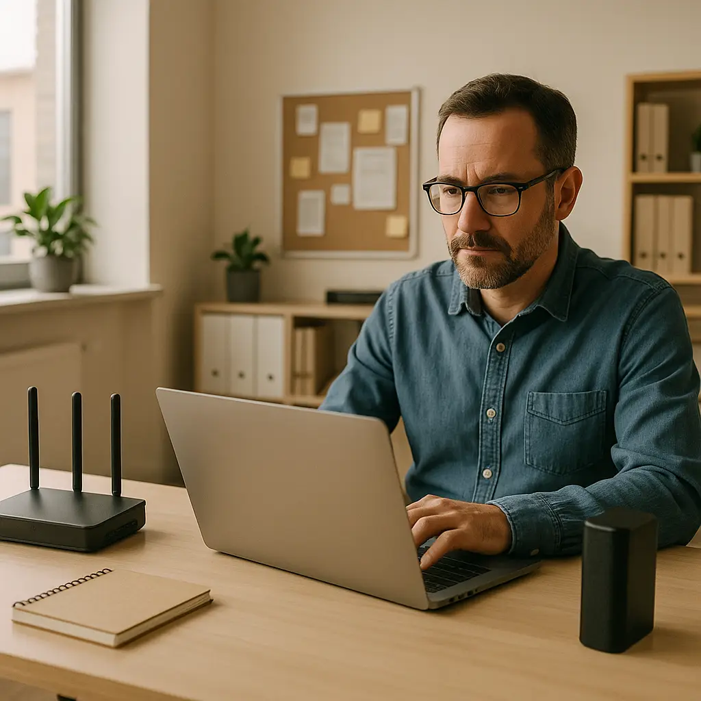 Small business owner reviewing security checklist on laptop in office