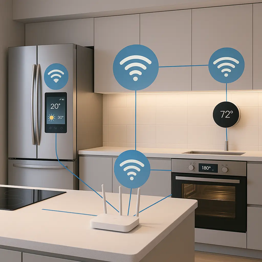 A modern kitchen with smart appliances connected to a home WiFi network, showing a router with multiple device connections