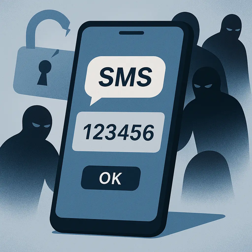 A comparison diagram showing SMS codes on one side and an authenticator app on the other, with a checkmark next to the app