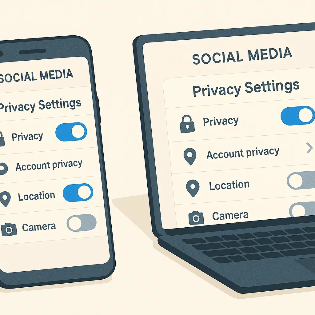 Person reviewing privacy settings on laptop with multiple social media platforms visible