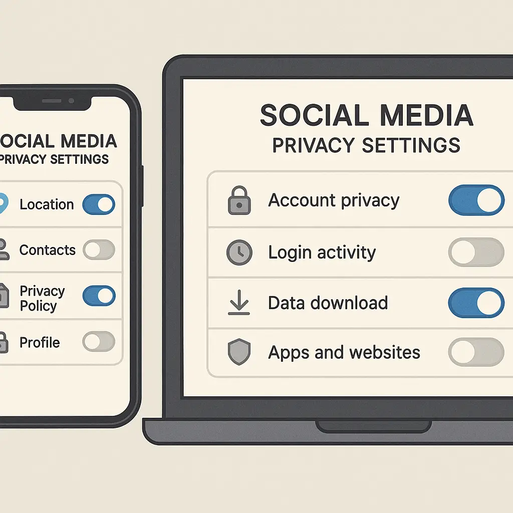 Smartphone displaying social media app privacy settings screens with toggle switches and permission controls