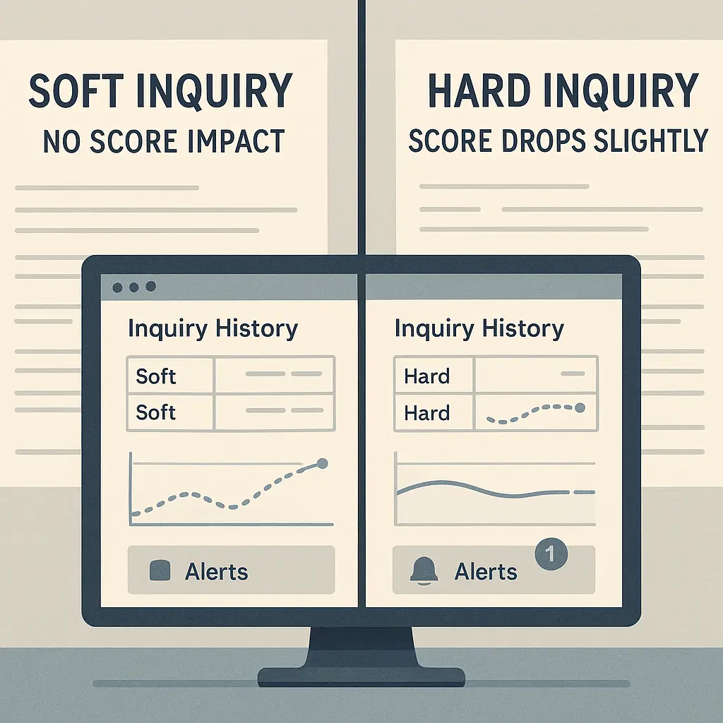 Computer screen displaying a credit monitoring dashboard with soft and hard inquiry history, score trends, and alert notifications